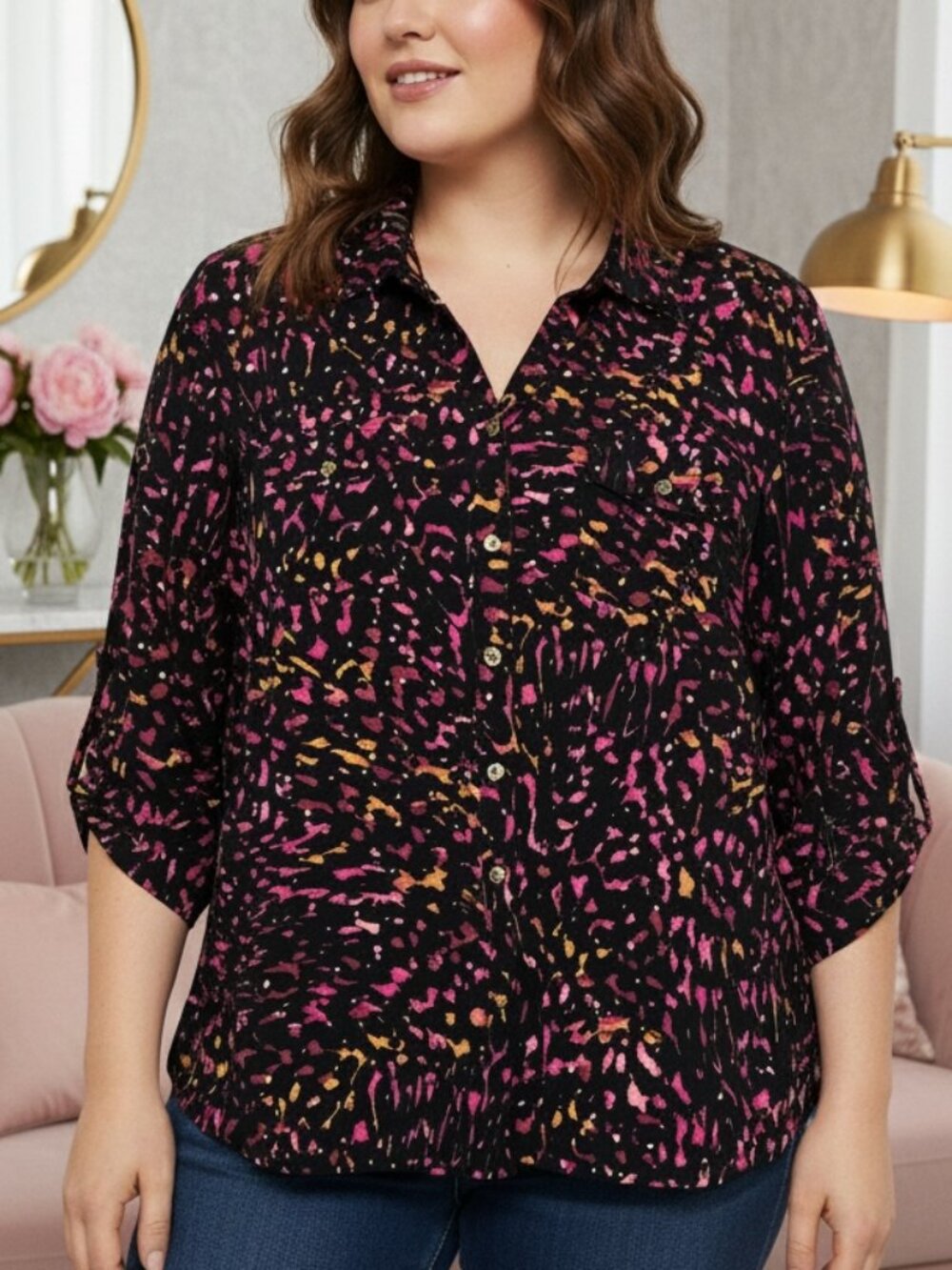 Emily Daniels* Abstract Splatter Blouse* Pink & Orange*Roll Tab Sleeves*Size: XL